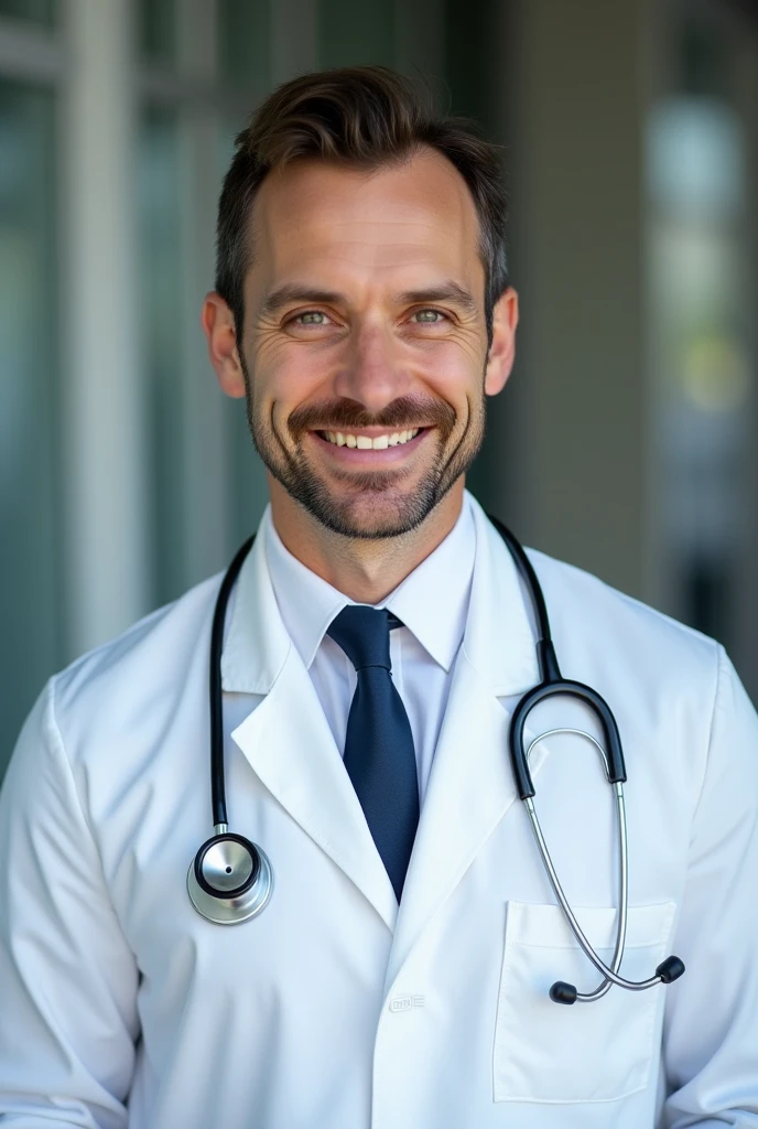 Can you create a profile picture for a 30 year old doctor in medical school? The doctor has a white coat and a stretoscope around his neck.