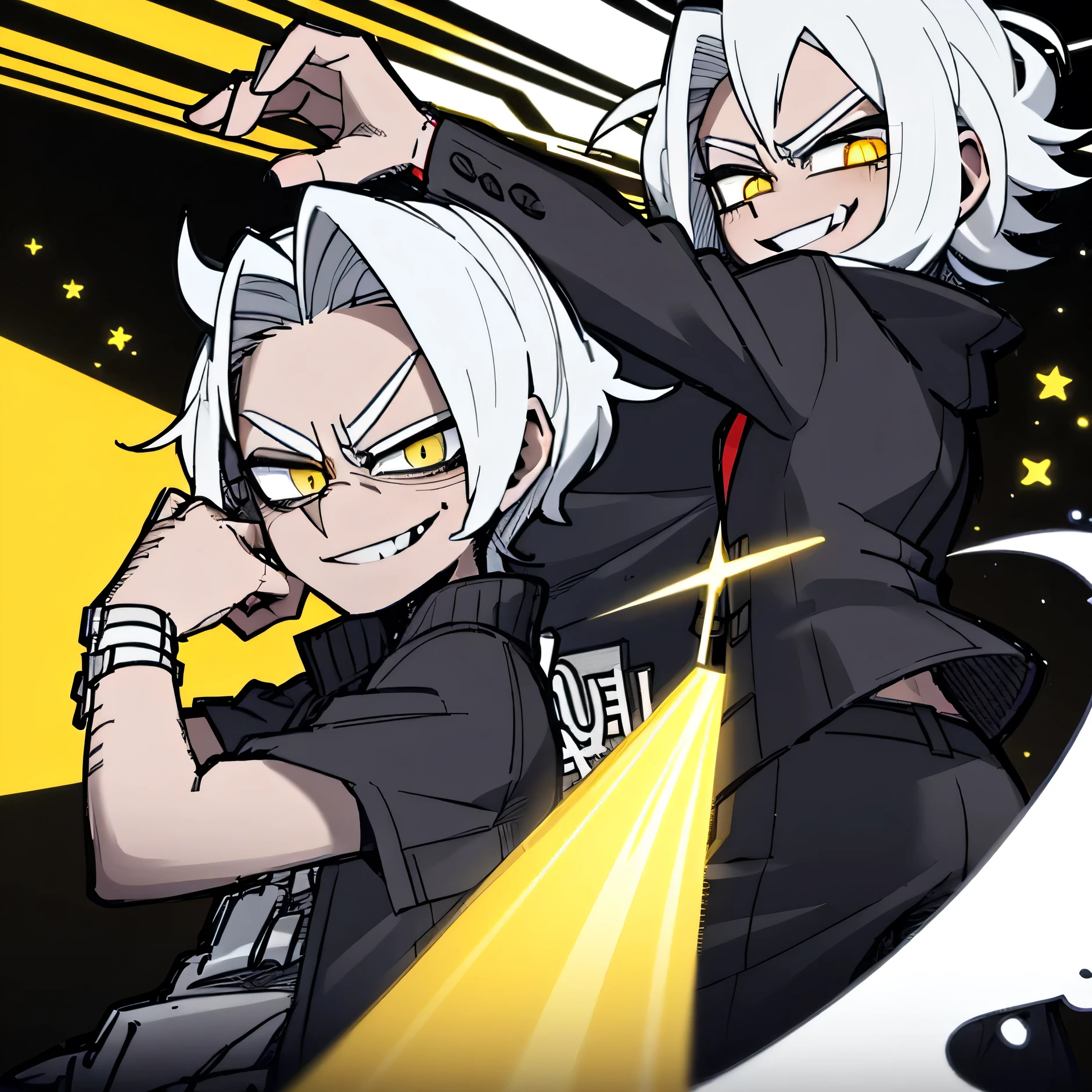 boy, ((( evil smile))) happy facial expression ((( Black jacke))), ((( short branco))), ((( White hair))), (((yellow eyes))) psychopath, karo