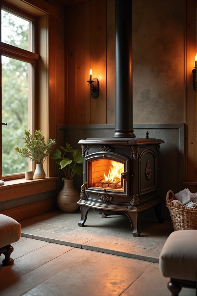 Wood stove in a bathroom