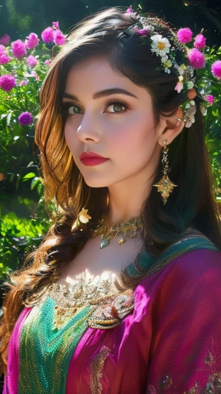 a beautiful girl in a lush garden, surrounded by colorful flowers, gazing up at a starry night sky, (best quality,4k,8k,highres,masterpiece:1.2),ultra-detailed,(realistic,photorealistic,photo-realistic:1.37),extremely detailed eyes and face,longeyelashes,detailed flower petals,detailed starry night sky,vibrant colors,cinematic lighting,intricate background details,fantasy,dreamlike