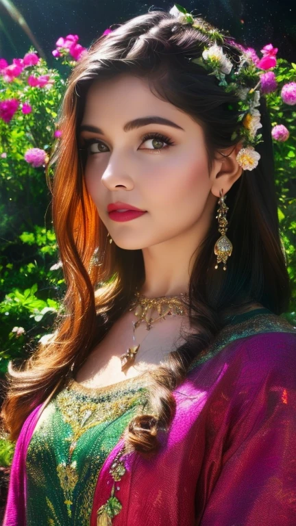 a beautiful girl in a lush garden, surrounded by colorful flowers, gazing up at a starry night sky, (best quality,4k,8k,highres,masterpiece:1.2),ultra-detailed,(realistic,photorealistic,photo-realistic:1.37),extremely detailed eyes and face,longeyelashes,detailed flower petals,detailed starry night sky,vibrant colors,cinematic lighting,intricate background details,fantasy,dreamlike