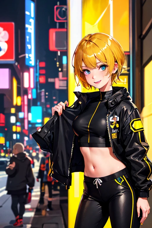 high quality, subsurface scattering, chromatic lighting,
colorized, yellow + black limited color palette,
detailed concept drawing,
Shibuya street girl in the night, cyberpunk, futuristic,
portrait, 20yo 1girl, medium soft breasts, slender, crop top, jacket, combat-pants, oiled skin, short yellow hair, smiling