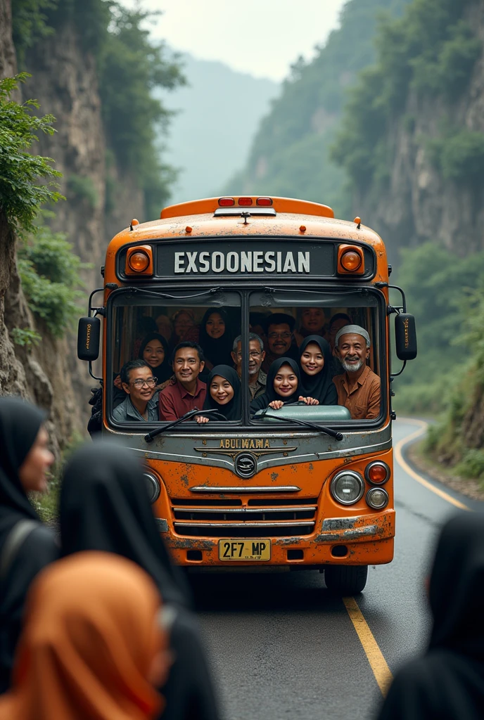 Realistic 3D caricature photo, a group of Indonesian people are riding a bus, 7 men are sitting in the bus, and 4 women are wearing black hijab and 3 women have long black hair. Background on a mountain road, High detail caricature photo.