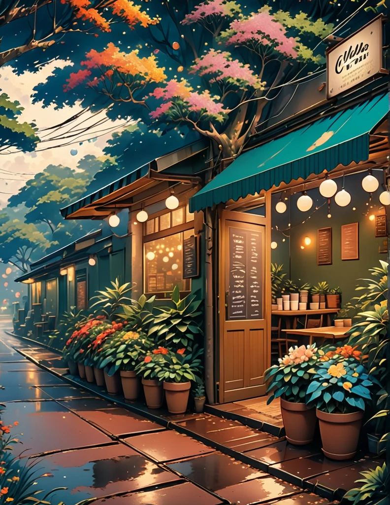 super wide perspective, string lights, hanging pots, ghibli anime scene, coffee shop in the woods, moody weather, leaves falling from tree, light bubble around street light, under a big banyan tree, street light, poles and wires, tropical leafy plant pots, menu board, sign board, long grass with wild flowers, in the middle of nowhere, vibrant color tones, ghibli style, no humans, scenery, masterpiece, high resolution