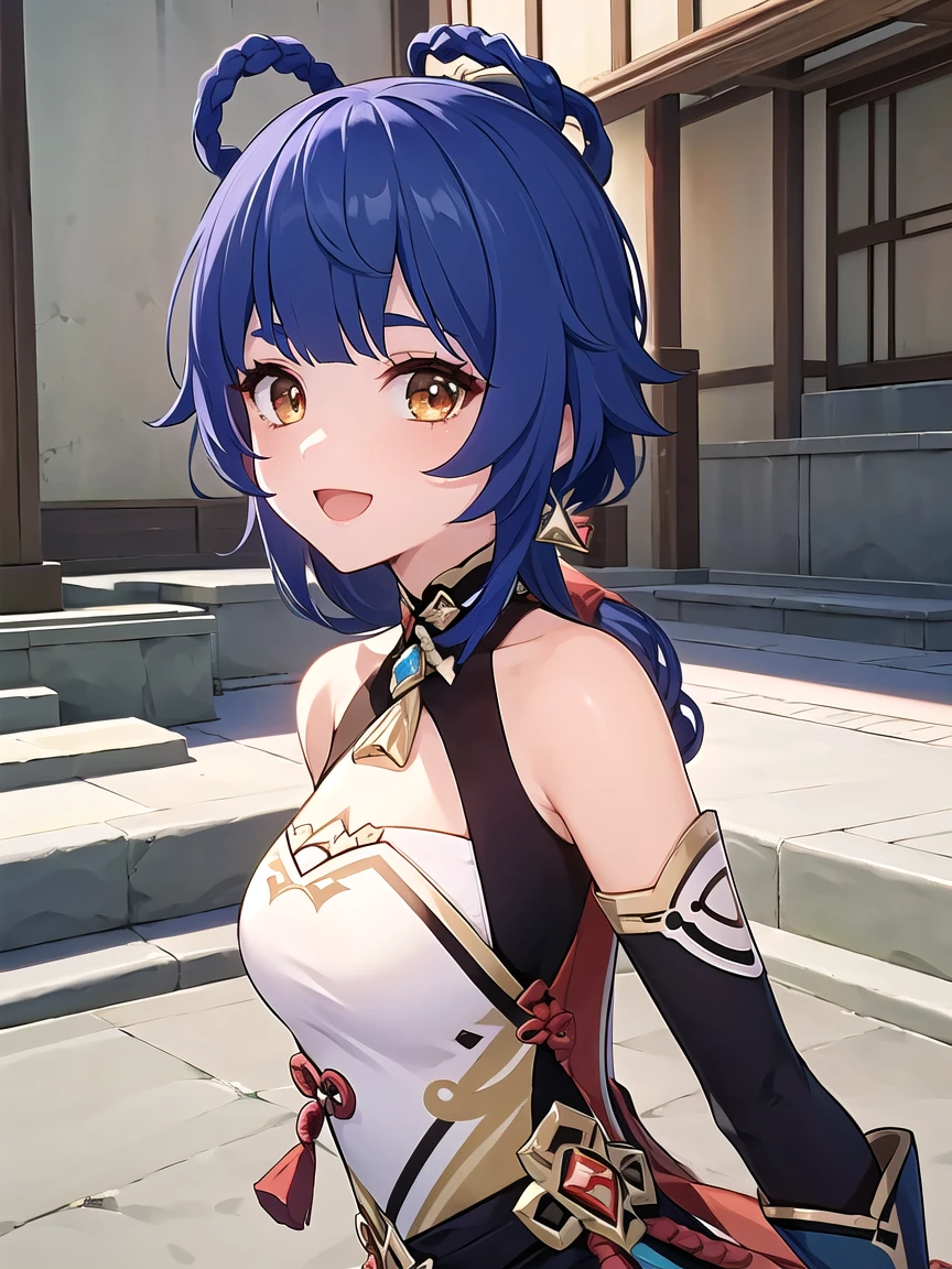 ((masterpiece, best quality)),high resolution,ultra detailed,8k,16k,detailed background, perfect lighting, 1girl,solo,look at viewer,from front,upper body,:d,:
xiangling \(genshin impact\),hair ring