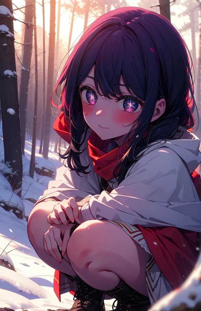 aihoshino, Ai Hoshino, Long Hair, bangs, (Purple eyes:1.1), Purple Hair, (Symbol-shaped pupil:1.5), smile,,smile,blush,white breath,
Open your mouth,snow,Ground bonfire, Outdoor, boots, snowing, From the side, wood, suitcase, Cape, Blurred, , forest, White handbag, nature, Squat, Mouth closed, Cape, winter, Written boundary depth, Black shoes, red Cape break looking at viewer, Upper Body, whole body, break Outdoor, forest, nature, break (masterpiece:1.2), Highest quality, High resolution, unity 8k wallpaper, (shape:0.8), (Beautiful and beautiful eyes:1.6), Highly detailed face, Perfect lighting, Extremely detailed CG, (Perfect hands, Perfect Anatomy),