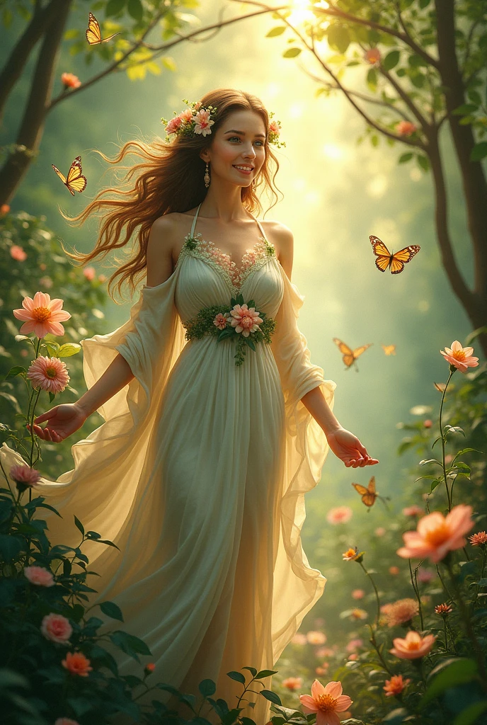 ((Goddess of Life:1.4)), (masterpiece:1.4, best quality), (photo realistic:1.4), ethereal and nurturing expression, glowing with a soft and warm aura, dressed in flowing robes made of delicate petals and vines, (long, flowing hair intertwined with blooming flowers:1.2), (emerald green eyes:1.2), gentle smile radiating compassion and vitality, surrounded by vibrant plants, animals, and mystical creatures, (background of a lush, enchanted forest:1.2), (sunlight filtering through the trees, casting a golden glow:1.2), (butterflies and birds fluttering around her:1.2), rich textures, soft and vibrant colors, (deep greens:1.2), (soft pastels:1.2), (golden accents:1.2), (dynamic composition with flowing lines:1.2), high-quality and detailed, (enchanting and serene atmosphere:1.2), transcendent and unique, perfect image quality, representing the essence of life, growth, and renewal, captivating and timeless presence