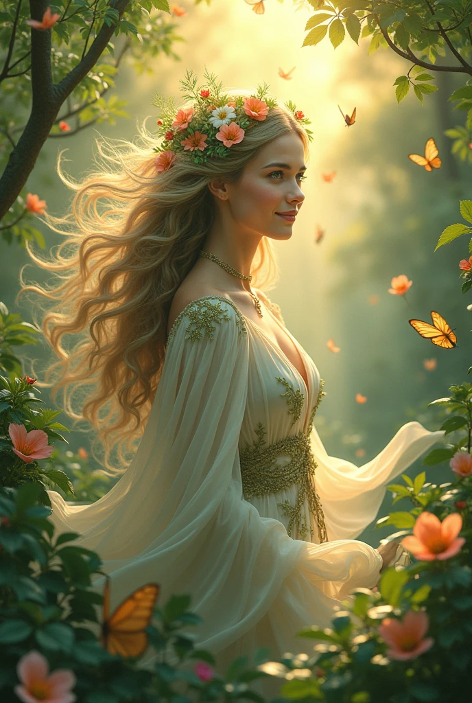 ((Goddess of Life:1.4)), (masterpiece:1.4, best quality), (photo realistic:1.4), ethereal and nurturing expression, glowing with a soft and warm aura, dressed in flowing robes made of delicate petals and vines, (long, flowing hair intertwined with blooming flowers:1.2), (emerald green eyes:1.2), gentle smile radiating compassion and vitality, surrounded by vibrant plants, animals, and mystical creatures, (background of a lush, enchanted forest:1.2), (sunlight filtering through the trees, casting a golden glow:1.2), (butterflies and birds fluttering around her:1.2), rich textures, soft and vibrant colors, (deep greens:1.2), (soft pastels:1.2), (golden accents:1.2), (dynamic composition with flowing lines:1.2), high-quality and detailed, (enchanting and serene atmosphere:1.2), transcendent and unique, perfect image quality, representing the essence of life, growth, and renewal, captivating and timeless presence