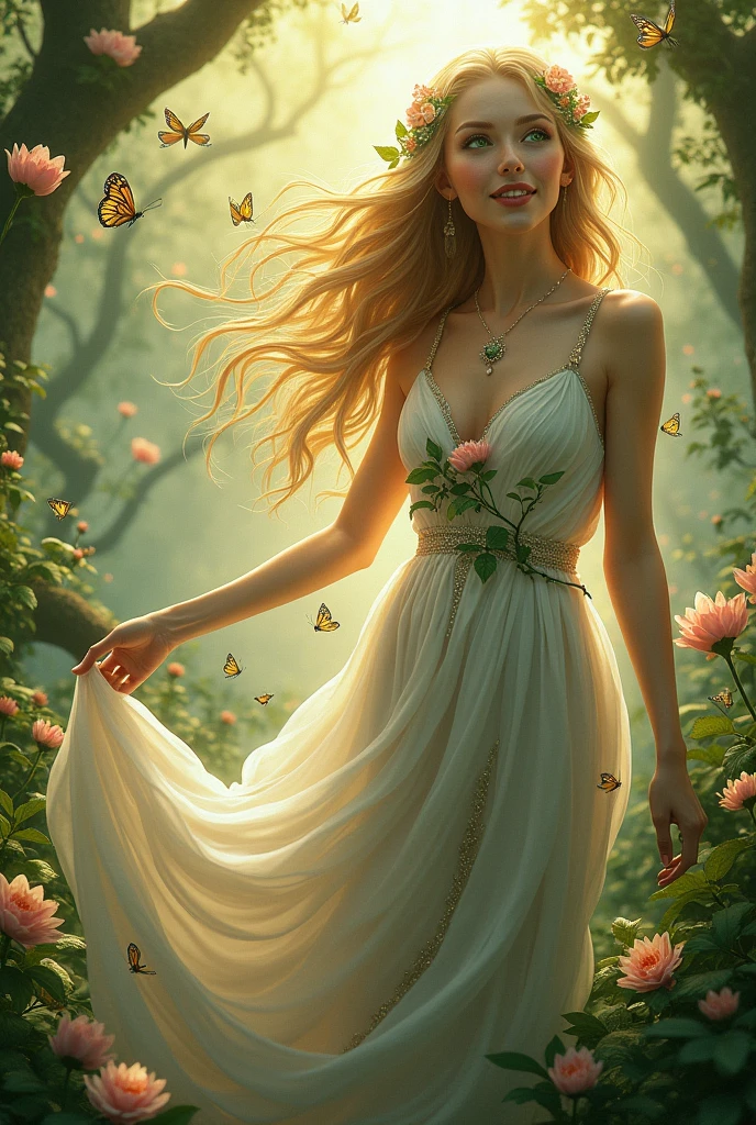 ((Goddess of Life:1.4)), (masterpiece:1.4, best quality), (photo realistic:1.4), ethereal and nurturing expression, glowing with a soft and warm aura, dressed in flowing robes made of delicate petals and vines, (long, flowing hair intertwined with blooming flowers:1.2), (emerald green eyes:1.2), gentle smile radiating compassion and vitality, surrounded by vibrant plants, animals, and mystical creatures, (background of a lush, enchanted forest:1.2), (sunlight filtering through the trees, casting a golden glow:1.2), (butterflies and birds fluttering around her:1.2), rich textures, soft and vibrant colors, (deep greens:1.2), (soft pastels:1.2), (golden accents:1.2), (dynamic composition with flowing lines:1.2), high-quality and detailed, (enchanting and serene atmosphere:1.2), transcendent and unique, perfect image quality, representing the essence of life, growth, and renewal, captivating and timeless presence