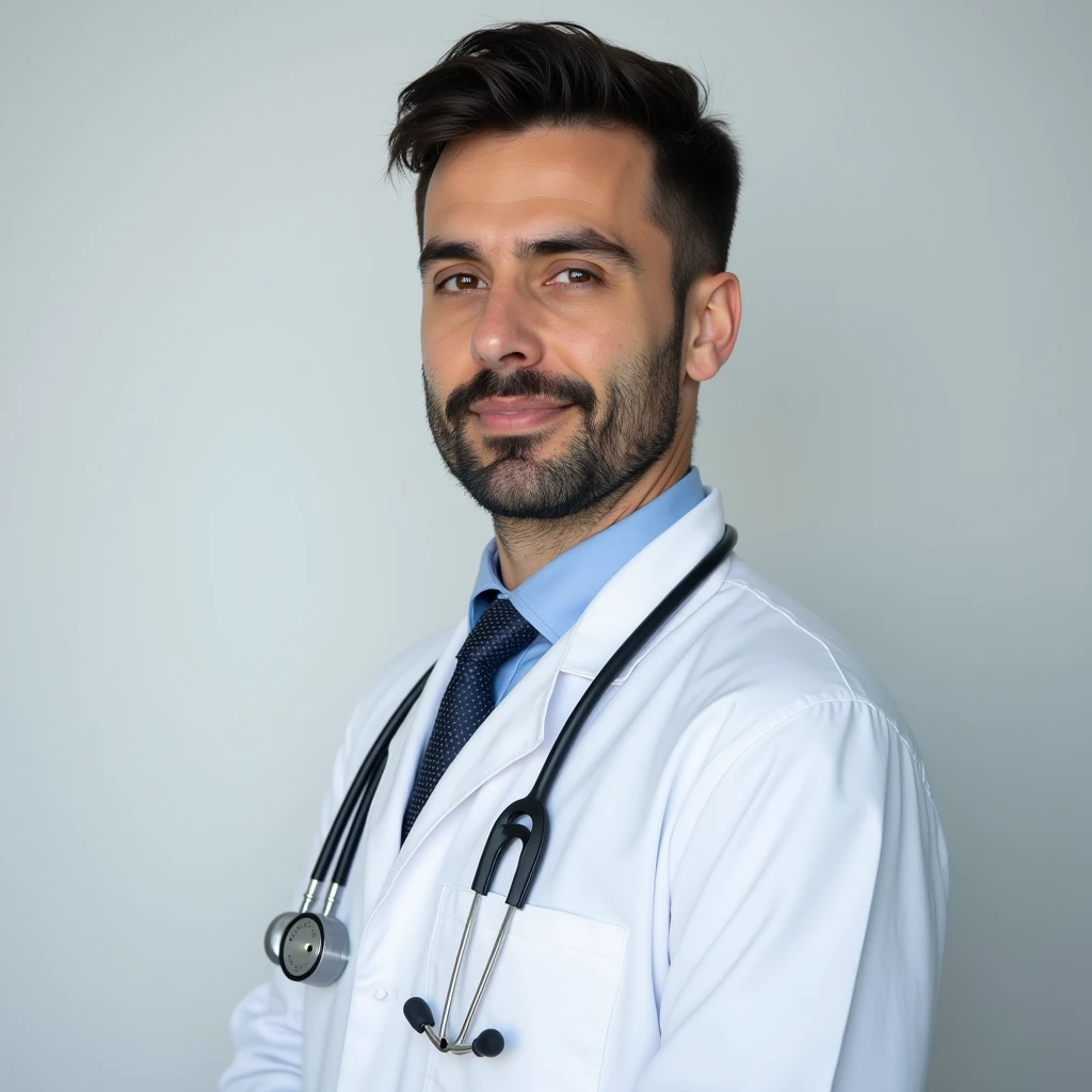 Can you create a profile picture for a 30 year old doctor in medical school? The doctor has a white coat and a stretoscope around his neck.