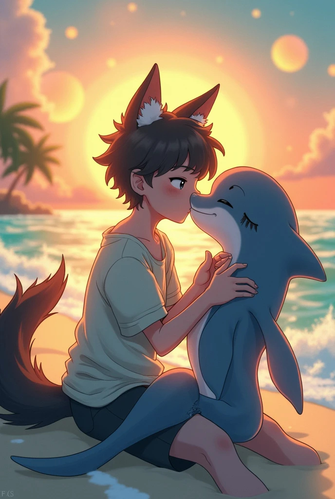 Make a boy with wolf ears and tail on the beach kissing a dolphin girl from kemono freinds