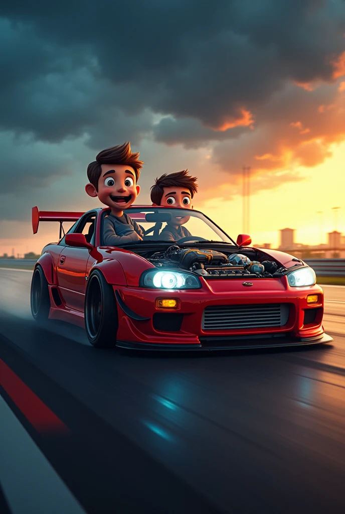 a father and son in a tuned car on a race track, detailed car interior, detailed car exterior, detailed car engine, dynamic camera angle, dramatic lighting, cinematic composition, highly detailed, photorealistic, 8k, HDR, vibrant colors, high contrast, dramatic shadows, motion blur, depth of field, award winning photography a father and son in a tuned car on a race track, detailed car interior, detailed car exterior, detailed car engine, dynamic camera angle, dramatic lighting, cinematic composition, highly detailed, photorealistic, 8k, HDR, vibrant colors, high contrast, dramatic shadows, motion blur, depth of field, cartoon
