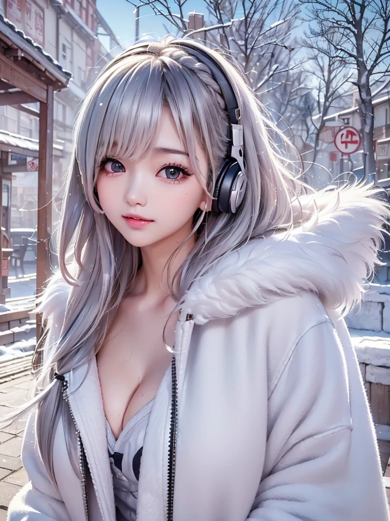 ((cute girl, face, style of painting)).(Upper body portrait:1.5)((masterpiece:1.5))((alone、Huge headphones:1.5、A woman wearing a large duffle coat、Shorts、コートでShortsが隠れる、Put your hands in your pockets、Detailed face、Big Eyes、Bright expression、Big beautiful 、Best Looks、Ultimate beauty、Shiny silver hair with highlights、明るい and shiny hair,、Modern Hairstyles、Hair dancing in the wind))(morning、Countryside Winter、Abandoned station platform)Please look away from here、Beautiful profile