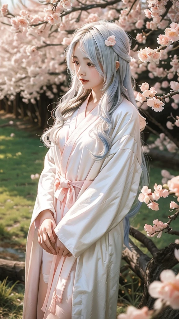 Peach Blossom Grove,First place girl,Long white hair flowing,Wearing a platinum wide-sleeved robe,Rumours