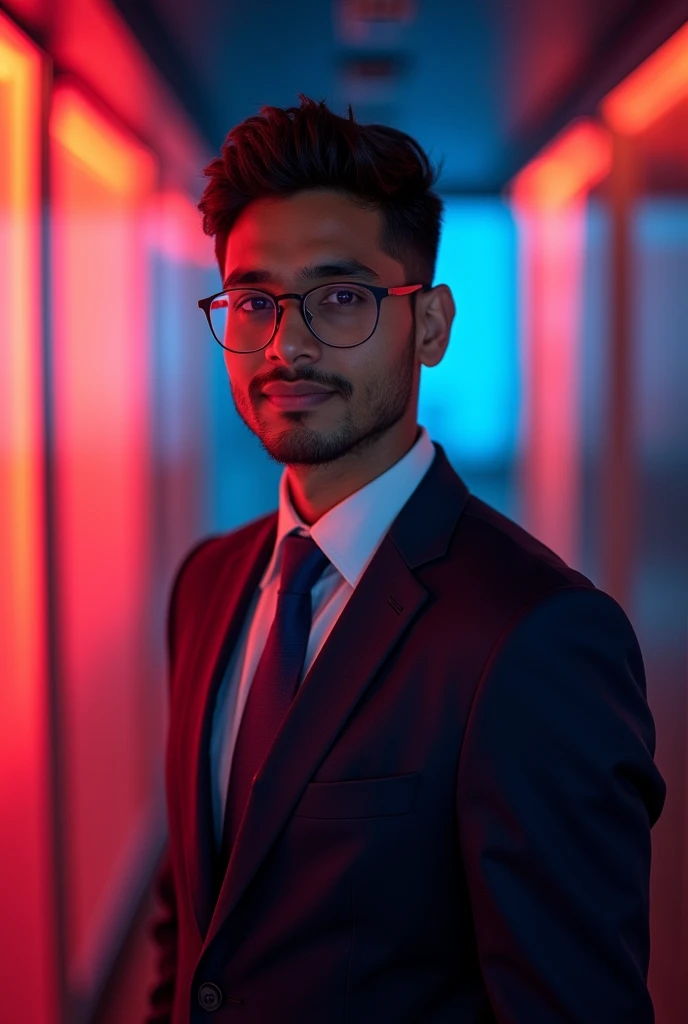 confident 23-year-old Indian man wearing a sharp suit and frameless glasses, posing for a LinkedIn profile photo. The background features a vibrant mix
of red and blue lights, casting a warm and dynamic glow. The overall atmosphere of the image exudes professionalism, ambition, and a touch of personality.