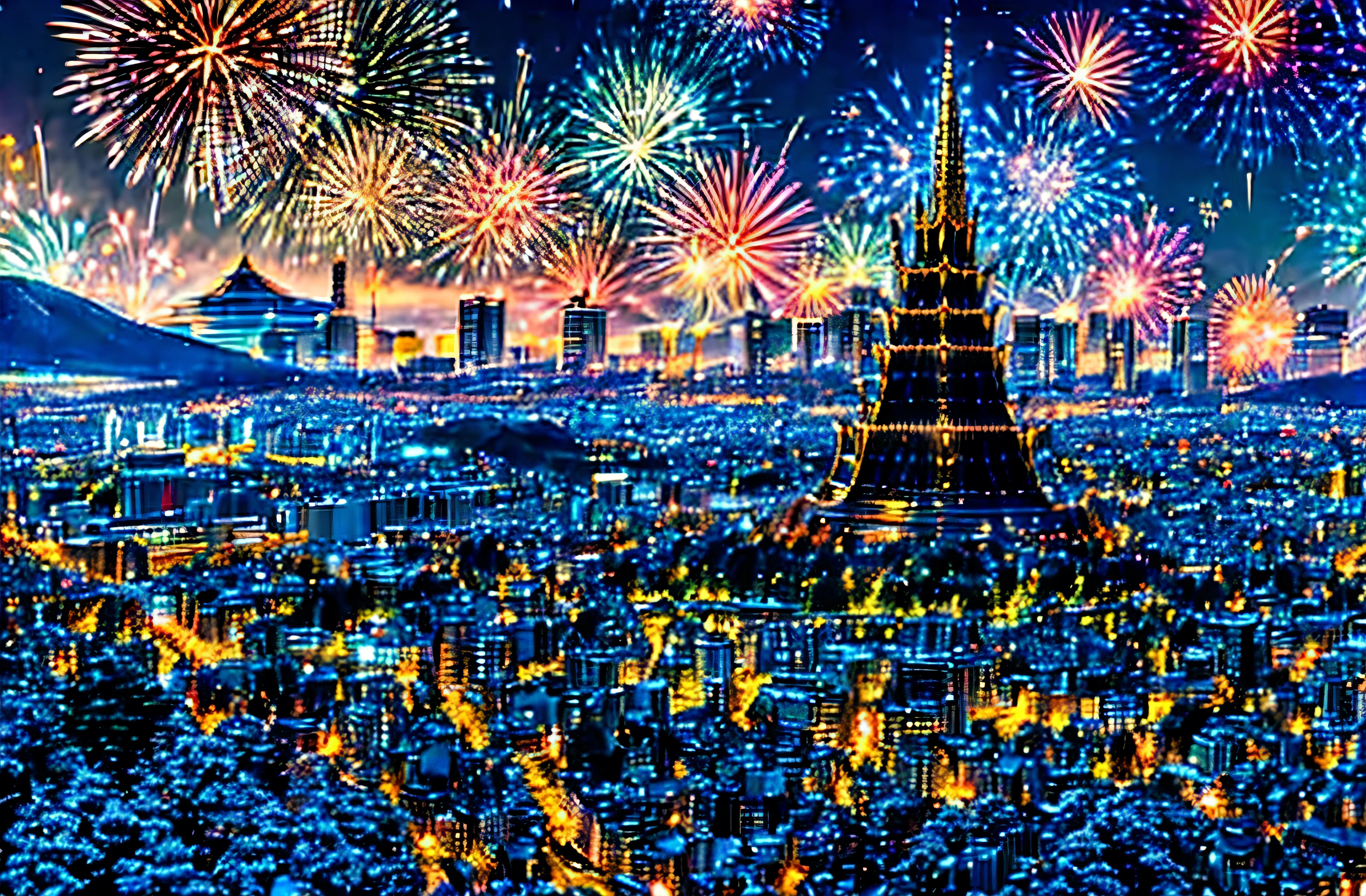 Beautiful night view of central Tokyo、Fireworks filling the sky、Starry Sky、Rows of urban buildings、The well-maintained Tokyo Skytree stands in the center、Highest quality