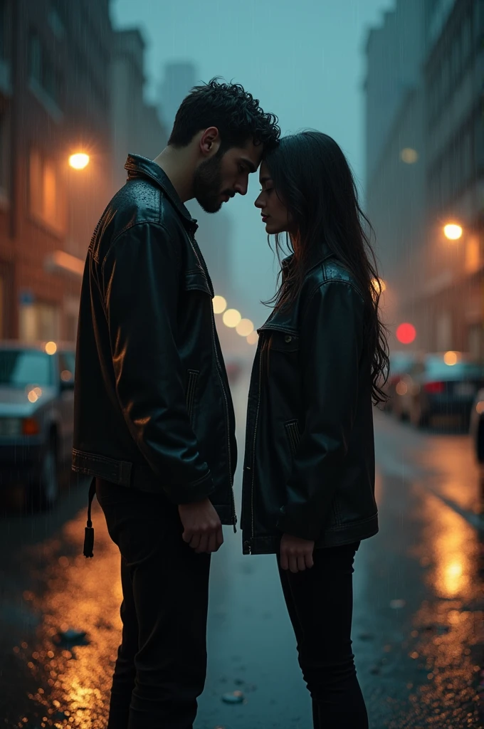 Create an image that is the end of a short story that ends with a meeting after a long separation in the pouring rain.