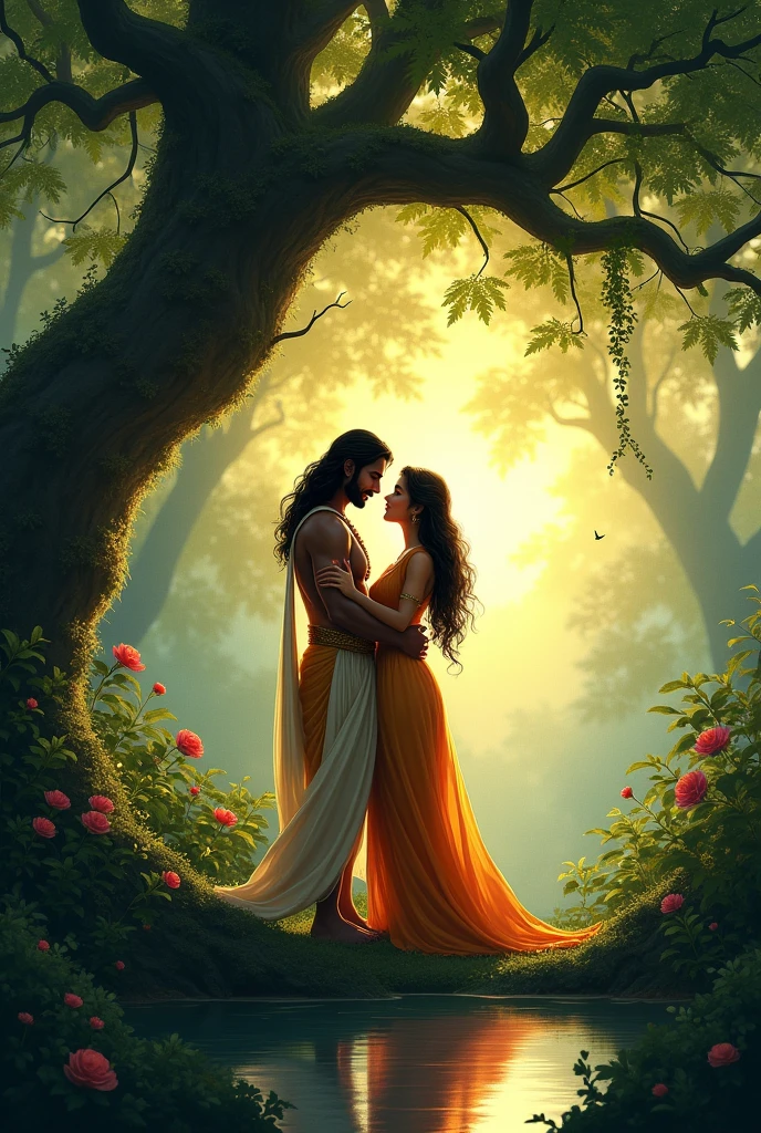 Ram sita romantic time in a jungle at the dusk below a tree