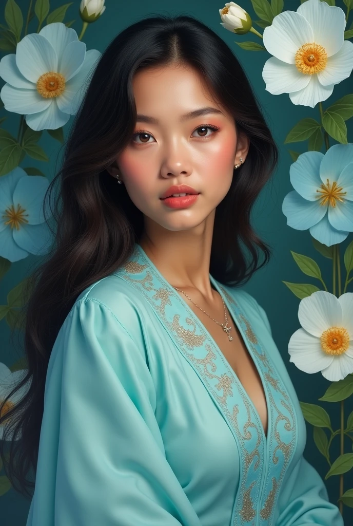 Real pinay wearing mint blue with arounding flowers background