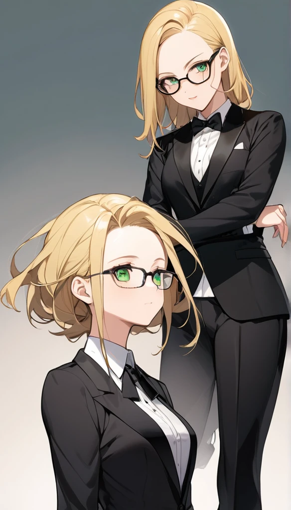 a girl, thick- set, adult girl, blonde, open forehead, no bangs, green eyes, black square-rimmed glasses,
black suit , tuxedo
