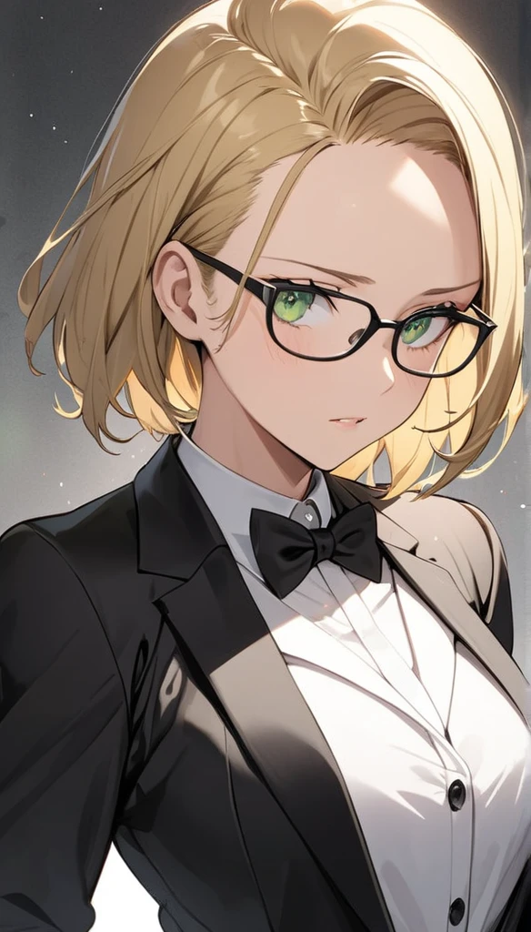 a girl, thick- set, adult girl, blonde, open forehead, no bangs, green eyes, black square-rimmed glasses, 
black suit , tuxedo