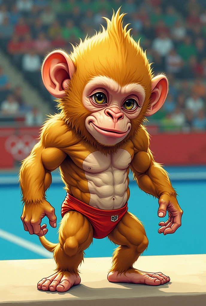 (chibi Emoji Meme), Hand-drawn art style, funny photo portrait of a grotesque (Olympic gymnastic athlete golden monkey), upper body, strange eyes, Olympic background, emoticon. emotional, dynamic movement, vivid, (masterpiece, best quality, absurdres, ultra-detailed, intricate details:1.3)