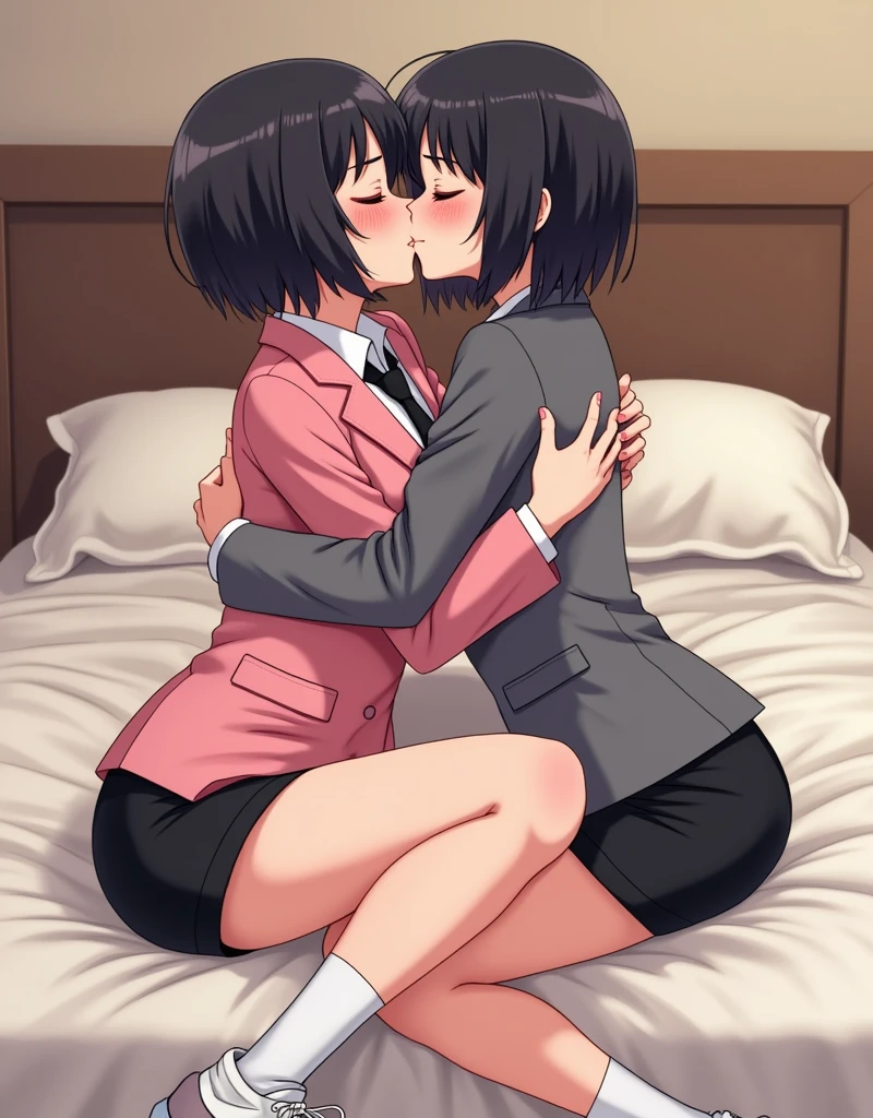 Two girls, yuri, white shirt, girl wear a pink suit, girl wear a grey suit, black short pencil skirt, black underpants, white socks, white sneakers, lesbian kiss, hugging, sensual body, closed eyes, bedroom, Novel, Cartoon, HD, 4K