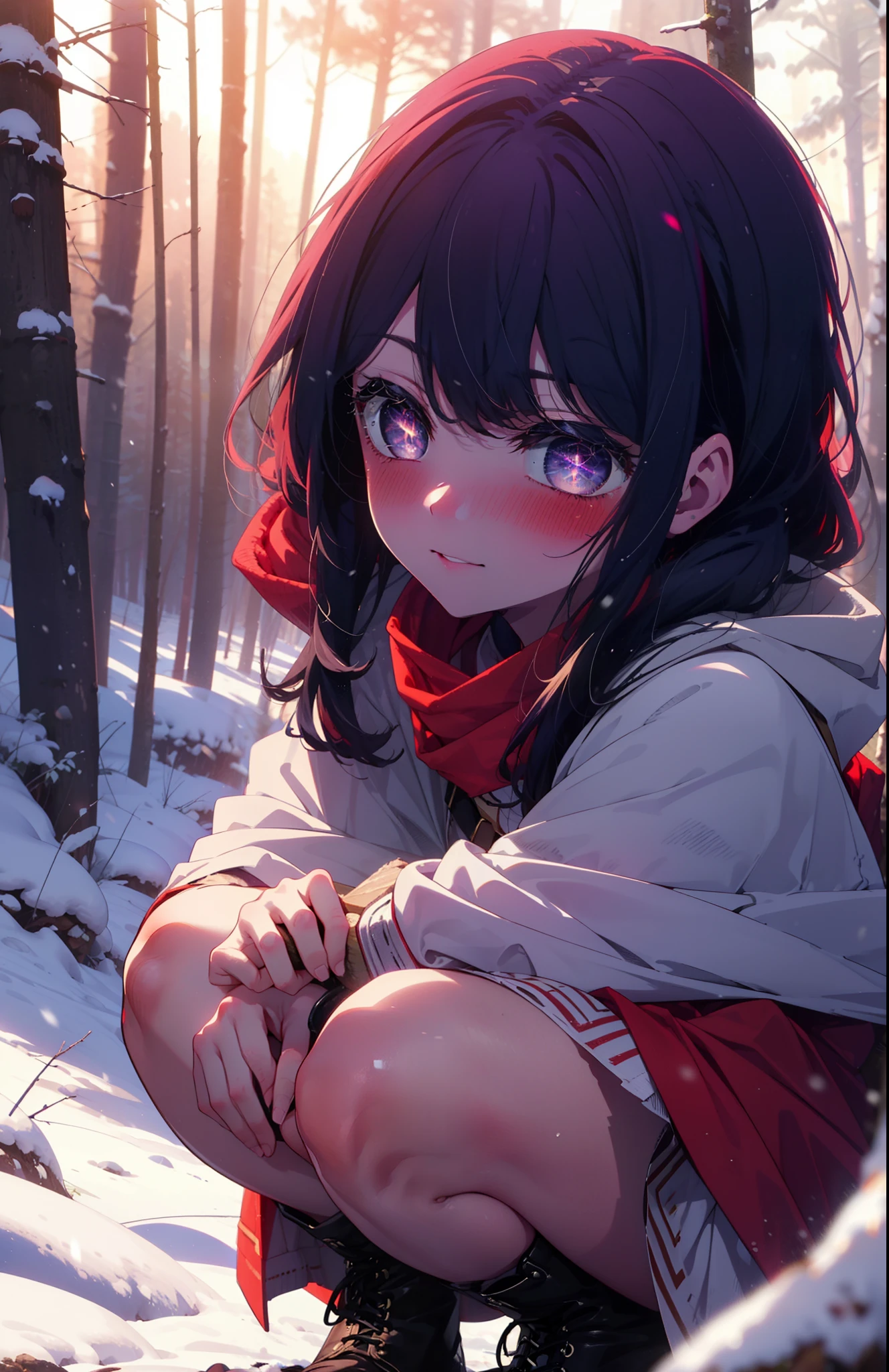 aihoshino, Ai Hoshino, Long Hair, bangs, (Purple eyes:1.1), Purple Hair, (Symbol-shaped pupil:1.5), smile,,smile,blush,white breath,
Open your mouth,snow,Ground bonfire, Outdoor, boots, snowing, From the side, wood, suitcase, Cape, Blurred, , forest, White handbag, nature, Squat, Mouth closed, Cape, winter, Written boundary depth, Black shoes, red Cape break looking at viewer, Upper Body, whole body, break Outdoor, forest, nature, break (masterpiece:1.2), Highest quality, High resolution, unity 8k wallpaper, (shape:0.8), (Beautiful and beautiful eyes:1.6), Highly detailed face, Perfect lighting, Extremely detailed CG, (Perfect hands, Perfect Anatomy),