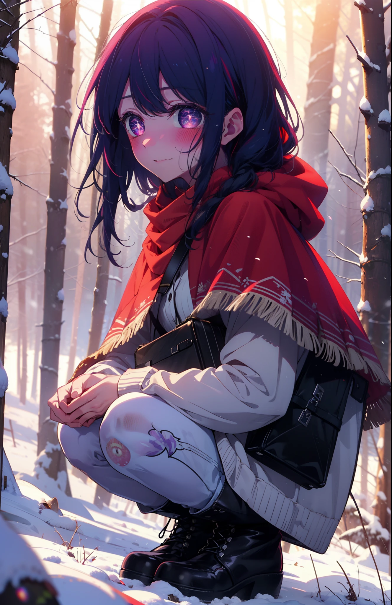 aihoshino, Ai Hoshino, Long Hair, bangs, (Purple eyes:1.1), Purple Hair, (Symbol-shaped pupil:1.5), smile,,smile,blush,white breath,
Open your mouth,snow,Ground bonfire, Outdoor, boots, snowing, From the side, wood, suitcase, Cape, Blurred, , forest, White handbag, nature,  Squat, Mouth closed, Cape, winter, Written boundary depth, Black shoes, red Cape break looking at viewer, Upper Body, whole body, break Outdoor, forest, nature, break (masterpiece:1.2), Highest quality, High resolution, unity 8k wallpaper, (shape:0.8), (Beautiful and beautiful eyes:1.6), Highly detailed face, Perfect lighting, Extremely detailed CG, (Perfect hands, Perfect Anatomy),