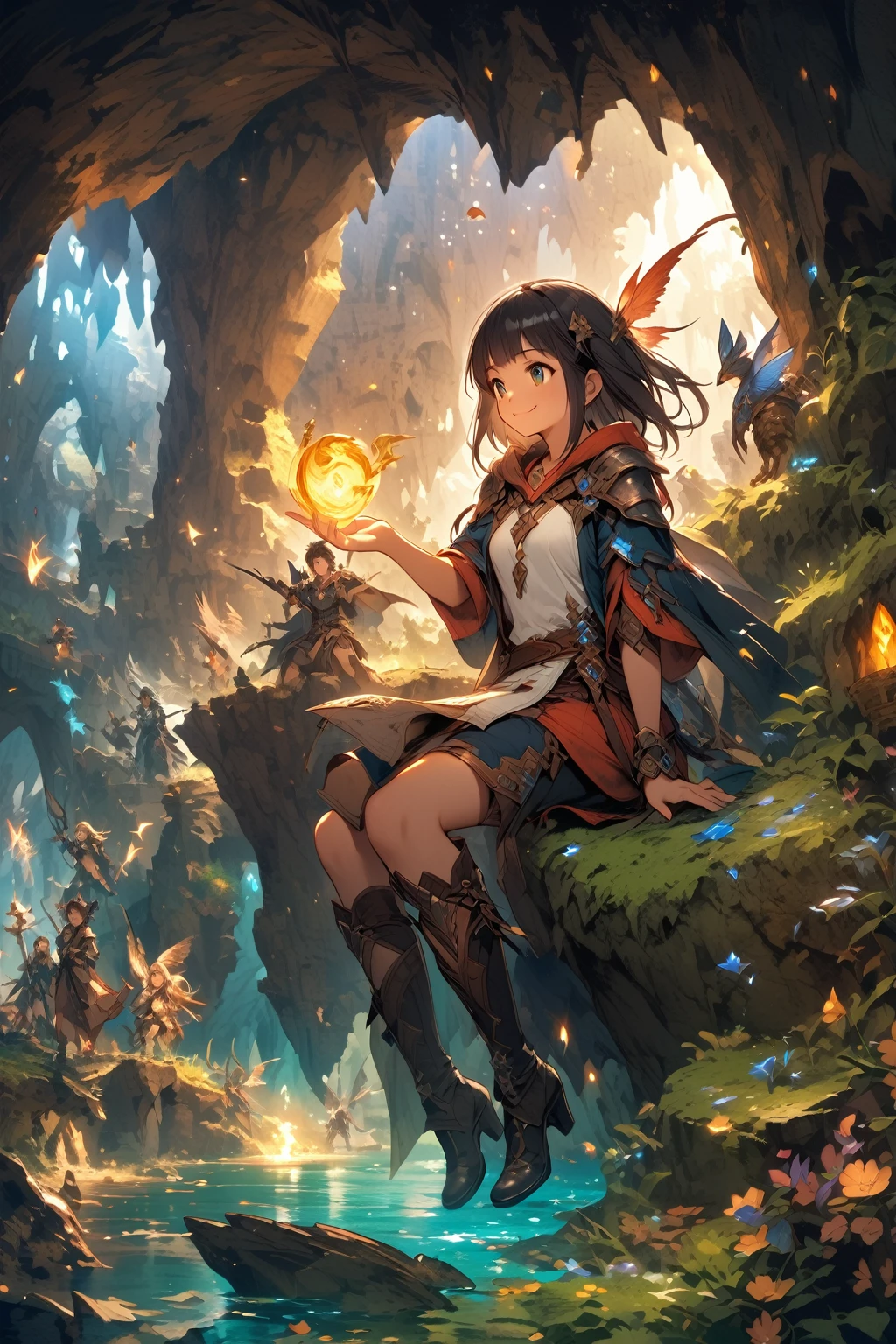 One Woman,20-year-old,((smile)),((,,(Black Hair,((Fantasy,cave))