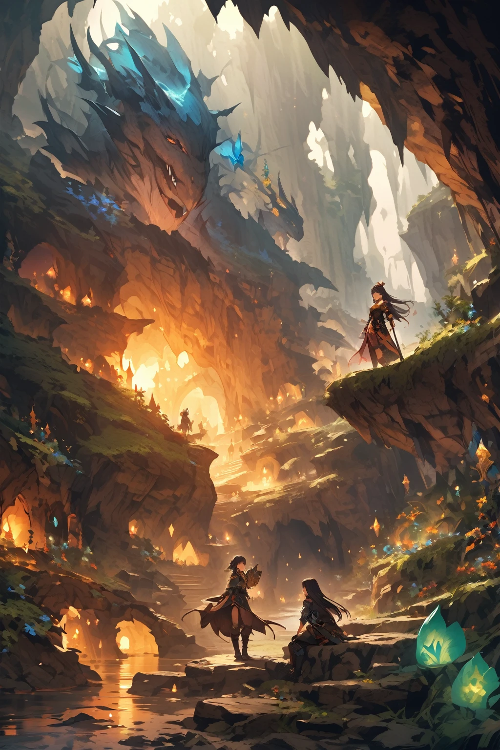 One Woman,20-year-old,((smile)),((,,(Black Hair,((Fantasy,cave))