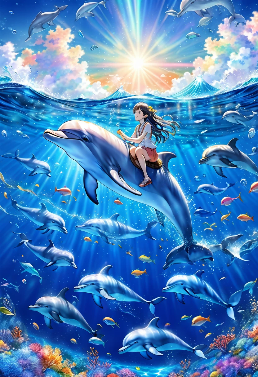 Photo of a dolphin swimming in a colorful ocean, Check the configuration，Light blue long hair、Beautiful girl riding a dolphin、Whale in the Sky, Cyril Rollandに触発されて, Dreamy psychedelic anime, Colorful anime movie background, Beautiful artwork illustration, author：pit, Colorful concept art, Cyril Rolland, Cyril Rolland風, Flying Whale, Highly detailed watercolor 8k, Very detailedな水彩画 8k，Octane，OK，Realistic，8k，Makoto Shinkai&#39;s Style( Streamlined Design, Clear lines, High Sharpness,Highest quality, Very detailed, masterpiece, Cinematic Lighting Effects, 4K )