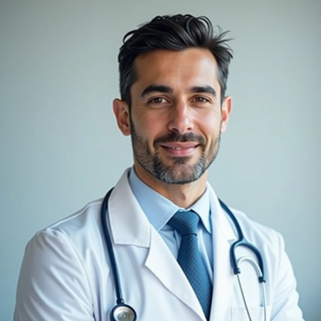 Can you create a profile picture for a 30 year old doctor in medical school? The doctor has a white coat and a stretoscope around his neck.