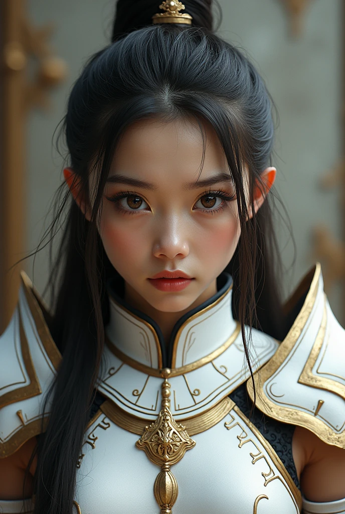 Prompt ; Front_view, Masterpiece, Best quality, Realistic, Raw photo, (1 girl, looking at looker), Long hair, White armor, Intricate armor, Delicate gold and black line pattern, Intricate pattern, Red metal parts, Detail part, Dynamic pose, Detailed background, Dynamic light, Thai art pattern