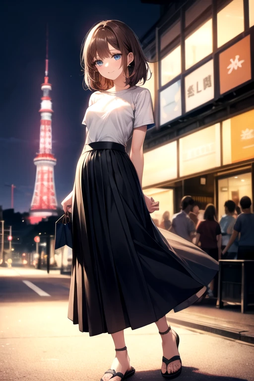 ((Highest quality)), ((masterpiece)), (detailed), ((small breasts)), shoot from below, 1 girl,15 years old, Medium Hair, Brown Hair,(Straight hair:1),Deep blue eyes,(Put your arms behind your back:1), casual, ((Short sleeve knit)), short sleeves, ((Long sheer skirt)), Blurred Background, , Complex pupil、Sandals, Intricate weaving, Complex pupil、Intricate weaving, ((Long skirt)), smile、full body, Shopping Street, Tokyo Tower, Thin legs,