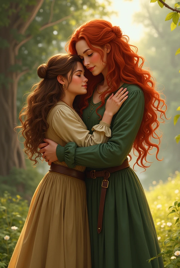 Hoobit woman and tall red-haired human woman hugging each other