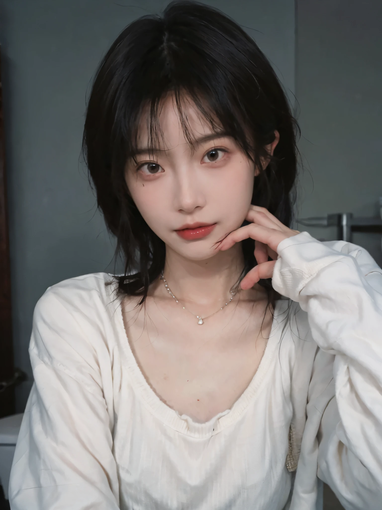 best qualtiy, Ultra-high resolution, (realisticlying:1.4),cute hairpin,1girll,Cropped black sweater ,head straight-looking at viewer,Full of atmosphere,Beautiful woman with a slim figure:1.4, abs:1.1, bathroom,Ultra-fine face,Elaborate Eyes,double eyelid,choker necklace