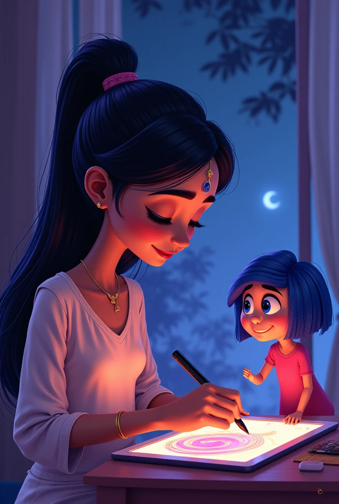A illustration style artwork of a Indian lady with forehand bangs drawing on her iPad using a stylus characters from Inside out 2 Joy is around her gazing at her and cheering for her as if they have come out as a drawing from the ipad.Keep it to a night light setting with subtle shades of purple and blue.
