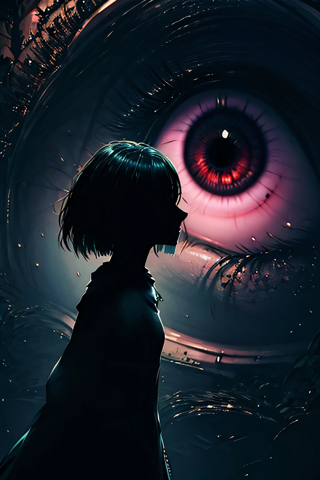 there is a woman, who looks with her eyes at a painting of a monster, creepy art style, I see you, eyeless Observer, loish |, subtle Lovecraftian vibes, Melancholic art, Observer, eye glitch, eerie and grim art style, by loish, digital art 4k unsettling, Nightmare Vision, UFOTABLE Art style