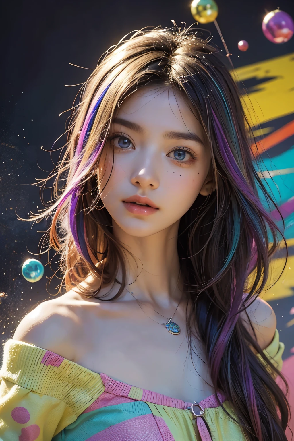 (((masterpiece))),(((Highest quality))),((Very detailed)),(figure),(Dynamic Angle), ((floating)),(paint),((Disheveled Hair)), (alone),(One girl), ((small_chest)), (((Detailed anima face))),((Beautifully detailed face)),collar,Exposing shoulders, Gray Hair, ((Colorful Hair)),((Striped Hair)), Beautiful attention to detail,(Gradient color eyes),(((Colorful eyes))), (((Colorful background))),(((High saturation))),(((Surrounded by colorful splashes))),(((Surrounded by colorful dots))),Colorful Bubbles,((The Shining))