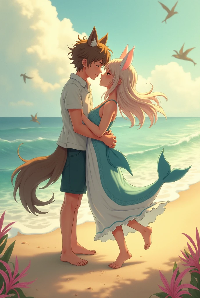 Make a boy with wolf ears and tail on the beach kissing a dolphin girl with tail and kemono freids ears