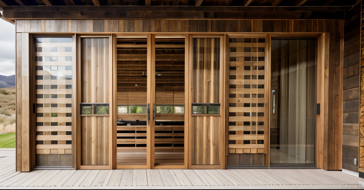 house exterior modern rustic style, rustic style architecture, timber pergola, Exposed beams, stone walls, reclaimed wood, glass doors and windows,wood rail, large windows, outdoor living spaces, natural landscaping, masterpiece, highquality, realistic photo, canon eos 5D mark, natural light, 