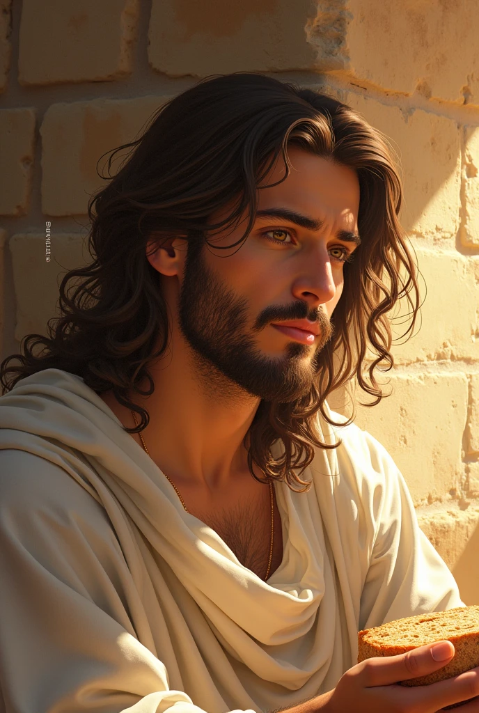 1 person, Realistic, masterpiece, Highest quality, beautiful, Detailed eyes and detailed face,Natural light, Israel 2000 years ago, linen clothing, Long brown hair, Gentle Wave,Brown eyes, Charm, Pushed down, Beautiful Youth,relaxing, Jesus,Eating bread with relish,Sunbeam, Japanese fan art style illustrations,Relaxed facial expression