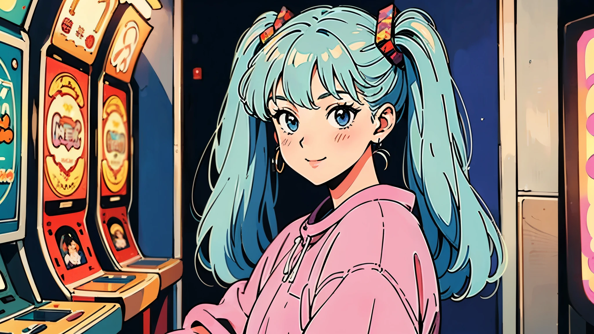 A smile girl in a retro-style arcade, surrounded by colorful lights and game machines, Pastel Color hair, twintails hair, completely absorbed in her music, lyco art, a manga drawing, by Satoshi Kon, lofi hip hop, wlop : :, ukiyo, ukiyo-style, yukito kishiro.