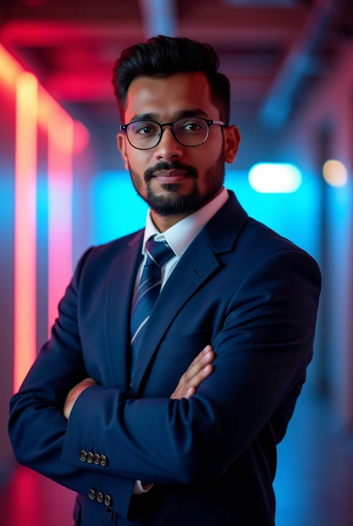 confident 23-year-old brown Indian man wearing a sharp suit and frameless glasses, posing for a LinkedIn profile photo. The background features a vibrant mix
of red and blue lights, casting a warm and dynamic glow. The overall atmosphere of the image exudes professionalism, ambition, and a touch of personality.
