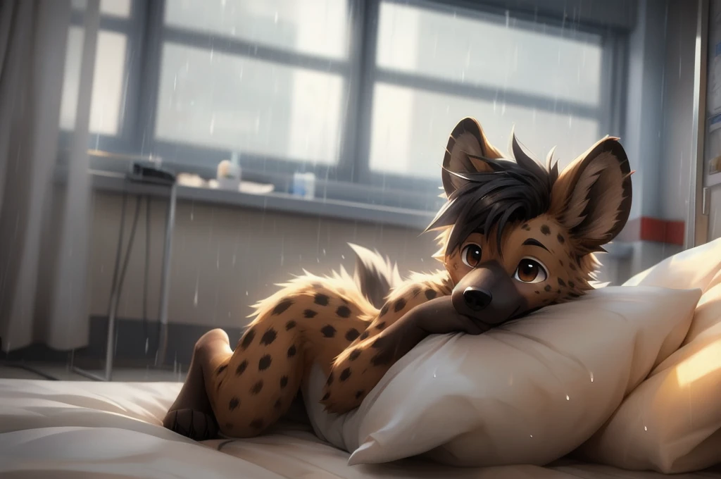 masterpiece,3d,Cute anthropomorphic hyena,boy,Lying in hospital,Down with high fever,Highest quality,Brown eyes,feet,hair,The background is a hospital room with rain outside.,Manga Style,白hair、alone, Animal ears, close, Background Blur, Animal ears, Digital Art,