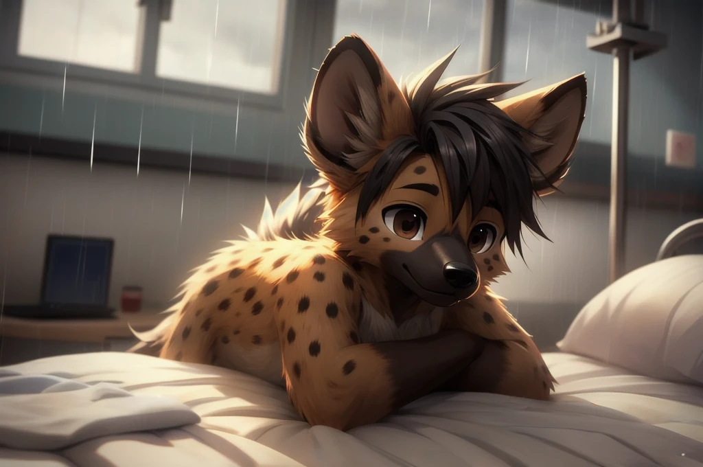 masterpiece，3d，Cute anthropomorphic hyena，boy，Lying in hospital，Down with high fever，Highest quality，Brown eyes，feet，hair，The background is a hospital room with rain outside.，Manga Style，白hair、alone, Animal ears, close, Background Blur, Animal ears, Digital Art, 