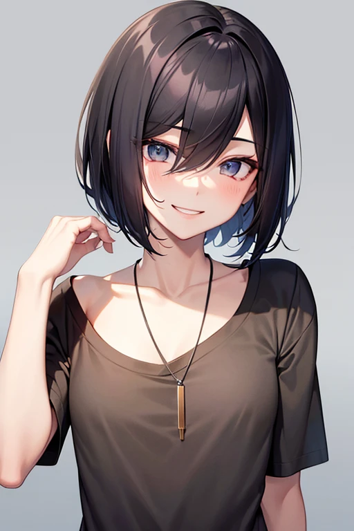 Highest quality, masterpiece, Androgynous male,Black Bob Hair,Slim body,T-Shirts,cardigan,necklace,Smiling Kindly, blush,In town