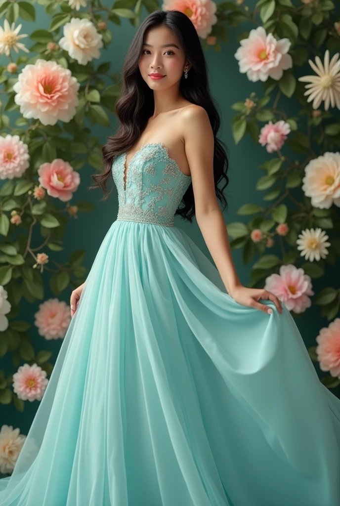 Real pinay wearing gown mint blue with arounding flowers background