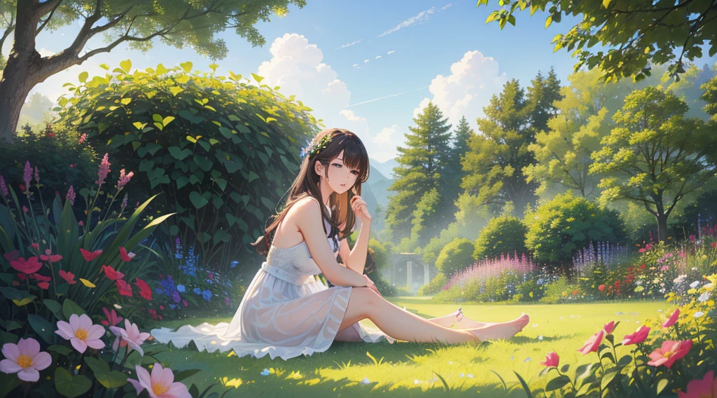 (best quality,4k,8k,highres,masterpiece:1.2),ultra-detailed,(realistic,photorealistic,photo-realistic:1.37),young woman in a garden, summer dress, sunlight, blue sky, fluffy clouds, lush greenery, flowers blooming, butterflies, warm color tone, natural lighting, serene, peaceful, beautiful, graceful
